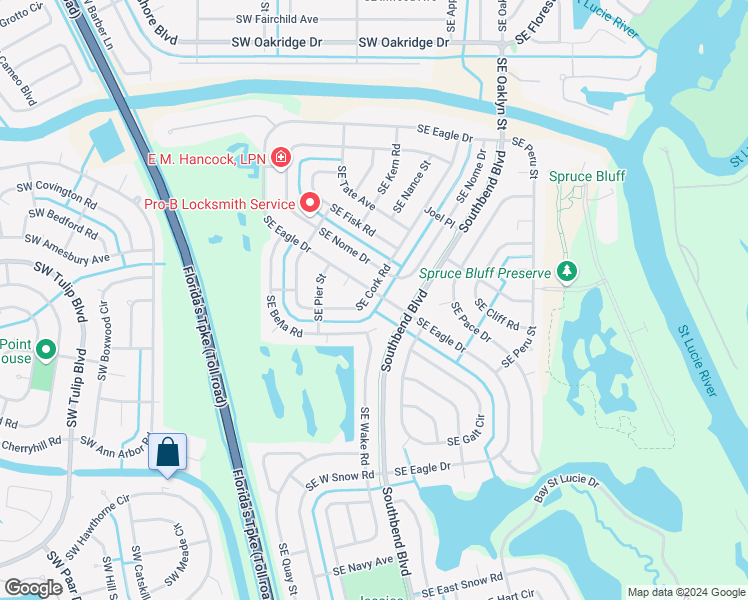 map of restaurants, bars, coffee shops, grocery stores, and more near 399 Southeast Cork Road in Port St. Lucie