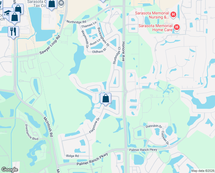 map of restaurants, bars, coffee shops, grocery stores, and more near 6234 Sturbridge Court in Sarasota
