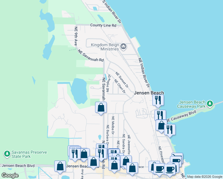 map of restaurants, bars, coffee shops, grocery stores, and more near 4135 Northeast Carroll Court in Jensen Beach