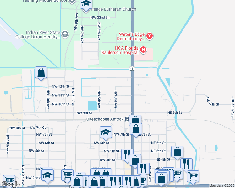 map of restaurants, bars, coffee shops, grocery stores, and more near 206 Northwest 11th Street in Okeechobee