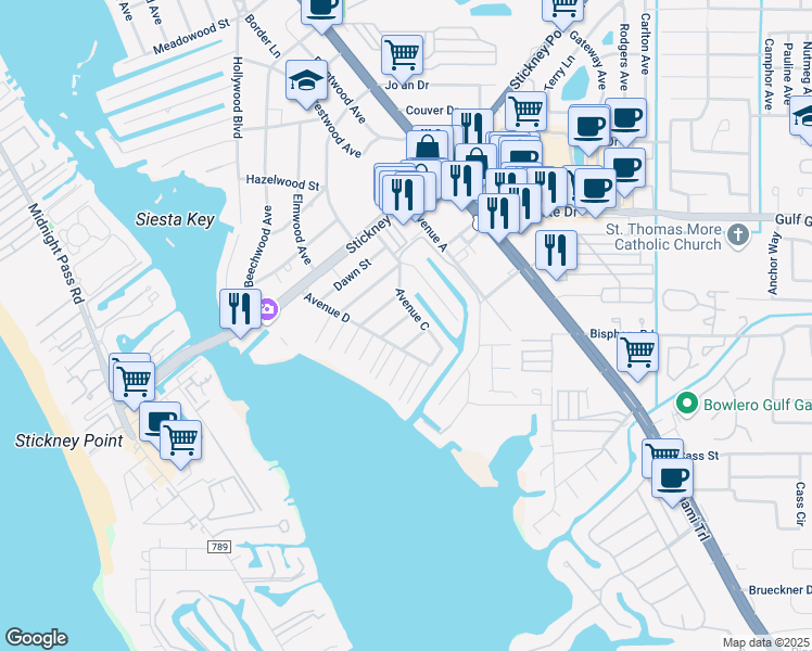 map of restaurants, bars, coffee shops, grocery stores, and more near 1734 Laramie Street in Sarasota