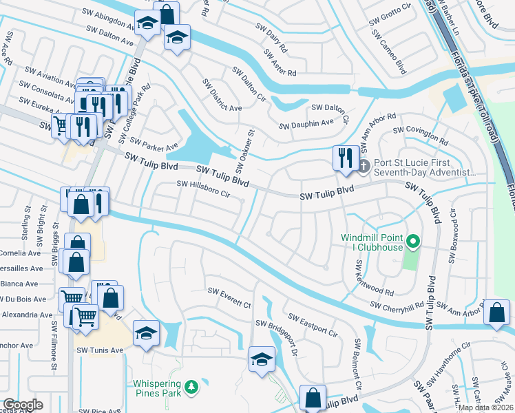 map of restaurants, bars, coffee shops, grocery stores, and more near 525 Southwest Cherryhill Road in Port St. Lucie