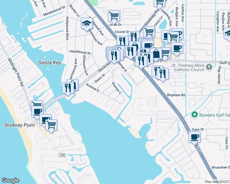 map of restaurants, bars, coffee shops, grocery stores, and more near 1734 Laramie Street in Sarasota