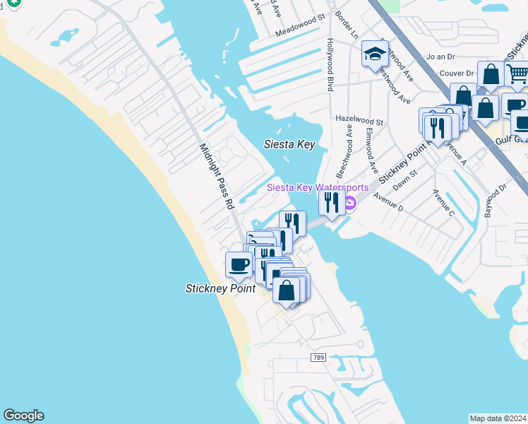 map of restaurants, bars, coffee shops, grocery stores, and more near 1900 Cove II Place in Siesta Key