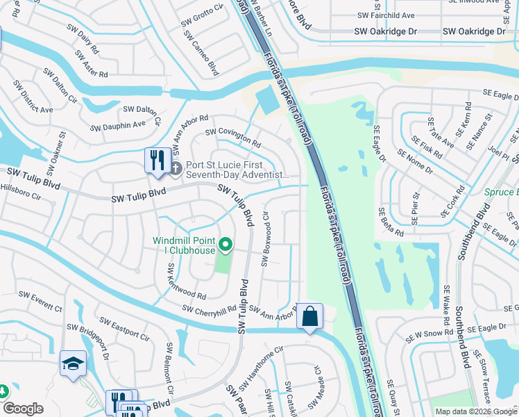 map of restaurants, bars, coffee shops, grocery stores, and more near 102 Southwest Dunham Court in Port St. Lucie