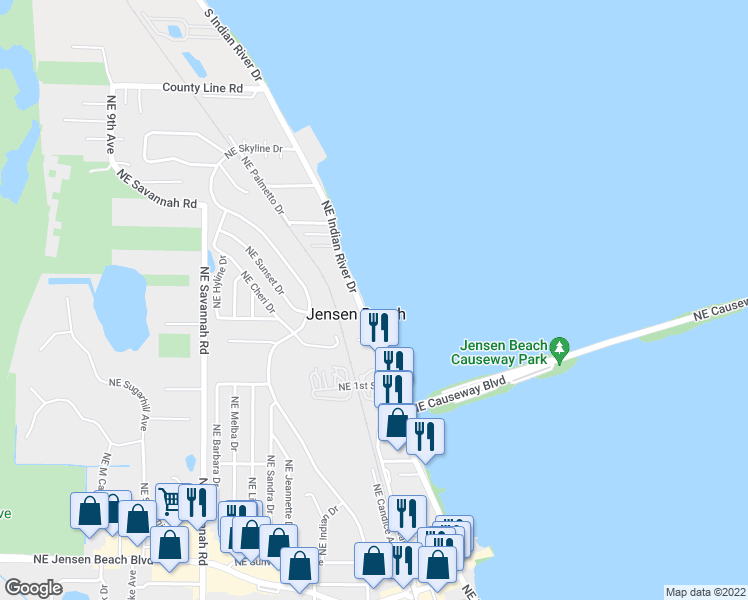 map of restaurants, bars, coffee shops, grocery stores, and more near 4301-4321 Northeast Indian River Drive in Jensen Beach