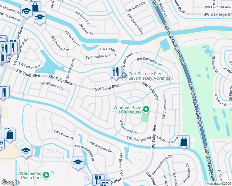 map of restaurants, bars, coffee shops, grocery stores, and more near 391 Southwest Cherryhill Road in Port St. Lucie