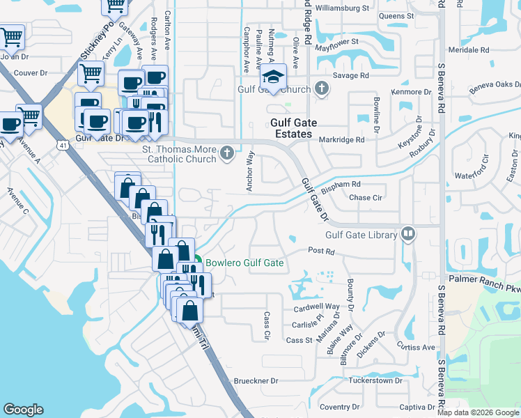 map of restaurants, bars, coffee shops, grocery stores, and more near 2425 Bispham Road in Sarasota