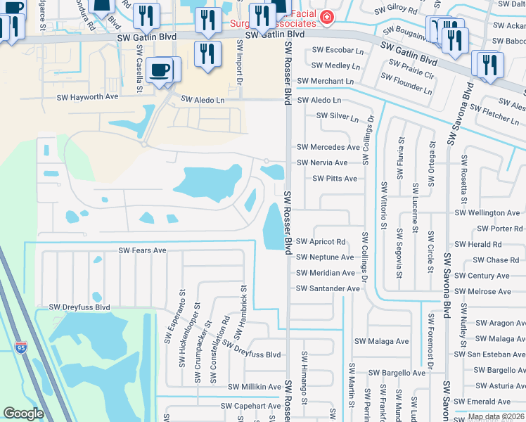 map of restaurants, bars, coffee shops, grocery stores, and more near 1744 James Port Drive in Port Saint Lucie