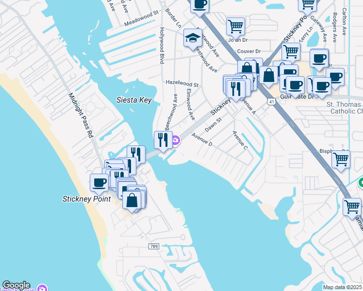 map of restaurants, bars, coffee shops, grocery stores, and more near 1614 Stickney Point Road in Sarasota