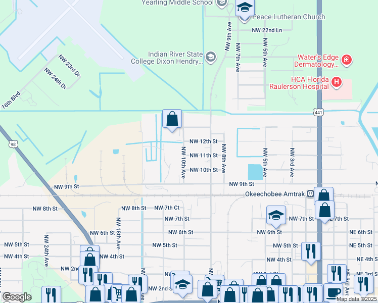 map of restaurants, bars, coffee shops, grocery stores, and more near 914 Northwest 11th Street in Okeechobee