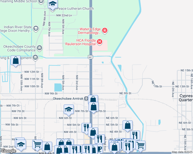 map of restaurants, bars, coffee shops, grocery stores, and more near 111 Northeast 11th Street in Okeechobee