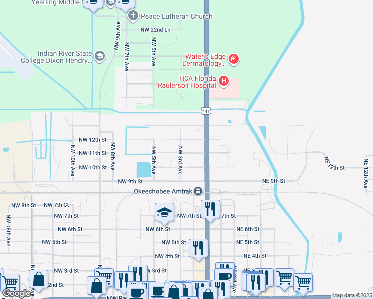 map of restaurants, bars, coffee shops, grocery stores, and more near 206 Northwest 11th Street in Okeechobee