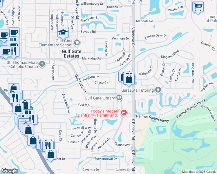 map of restaurants, bars, coffee shops, grocery stores, and more near 3131 Lockwood Terrace in Sarasota