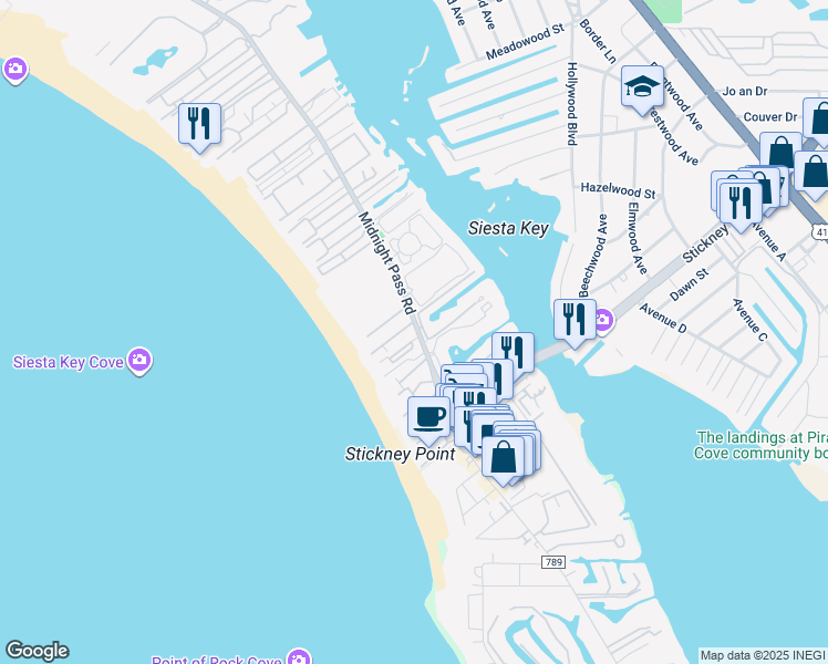map of restaurants, bars, coffee shops, grocery stores, and more near 6300 Midnight Pass Road in Sarasota