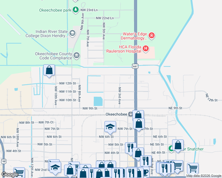 map of restaurants, bars, coffee shops, grocery stores, and more near 1010 Southwest 5th Avenue in Okeechobee