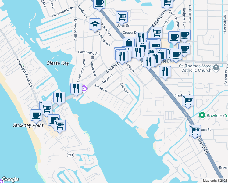 map of restaurants, bars, coffee shops, grocery stores, and more near 1714 Billings Street in Sarasota