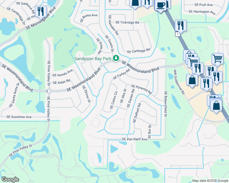 map of restaurants, bars, coffee shops, grocery stores, and more near 2918 Southeast Cates Circle in Port St. Lucie