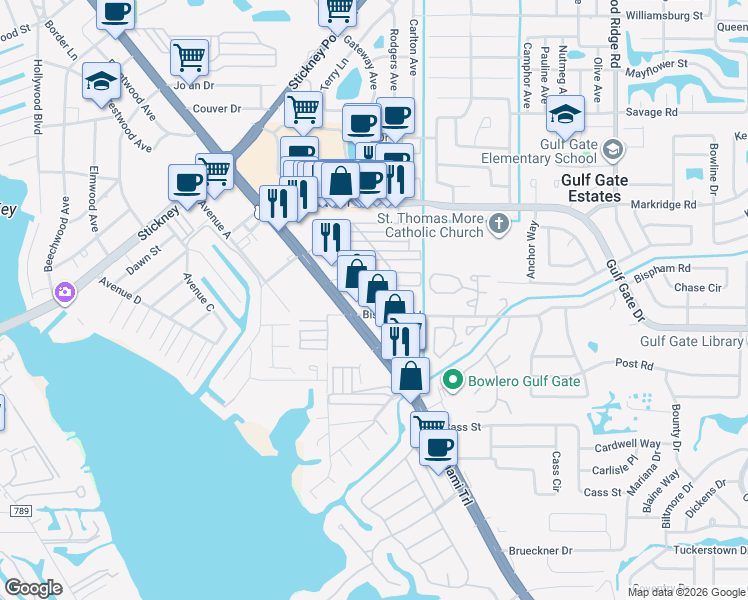 map of restaurants, bars, coffee shops, grocery stores, and more near 2011 Bispham Road in Sarasota
