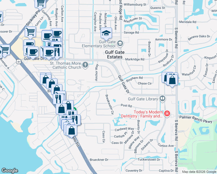 map of restaurants, bars, coffee shops, grocery stores, and more near 2509 Bispham Road in Sarasota