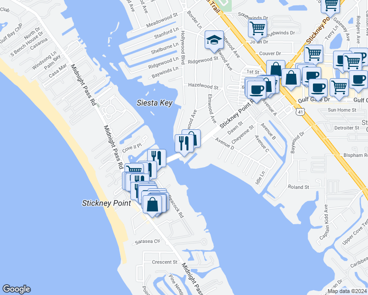 map of restaurants, bars, coffee shops, grocery stores, and more near 1522 Stickney Point Road in Sarasota