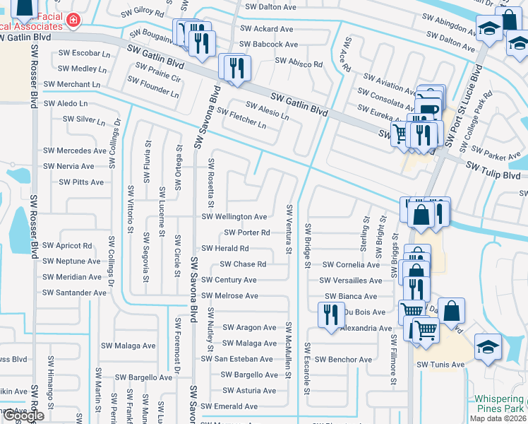 map of restaurants, bars, coffee shops, grocery stores, and more near 1241 Southwest Wellington Avenue in Port St. Lucie