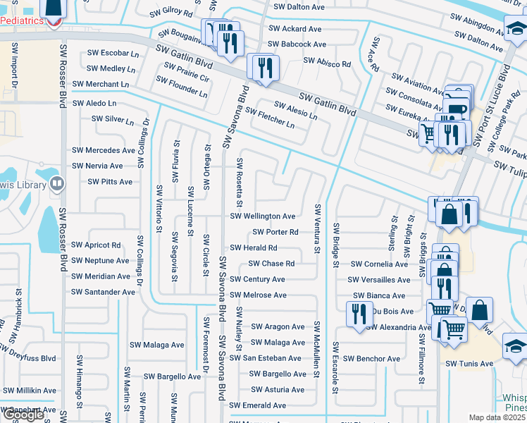map of restaurants, bars, coffee shops, grocery stores, and more near 1281 Southwest Wellington Avenue in Port Saint Lucie
