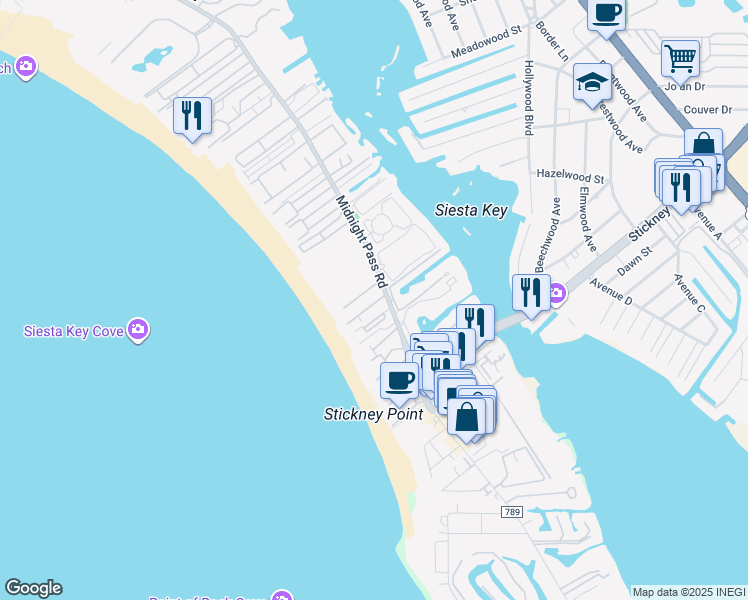 map of restaurants, bars, coffee shops, grocery stores, and more near 6300 Midnight Pass Road in Sarasota