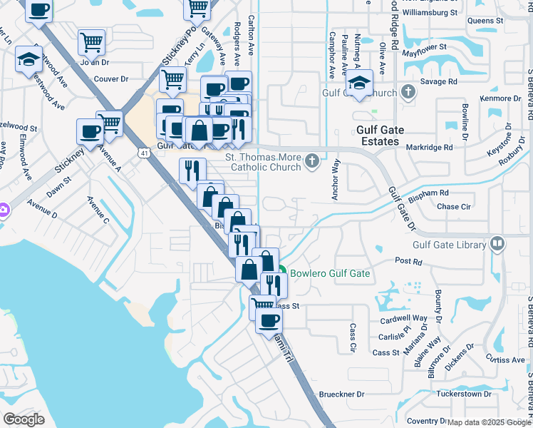 map of restaurants, bars, coffee shops, grocery stores, and more near 2225 Bispham Road in Sarasota