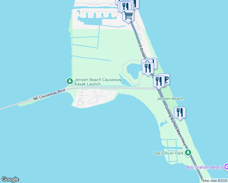 map of restaurants, bars, coffee shops, grocery stores, and more near 3492 Northeast Causeway Boulevard in Jensen Beach