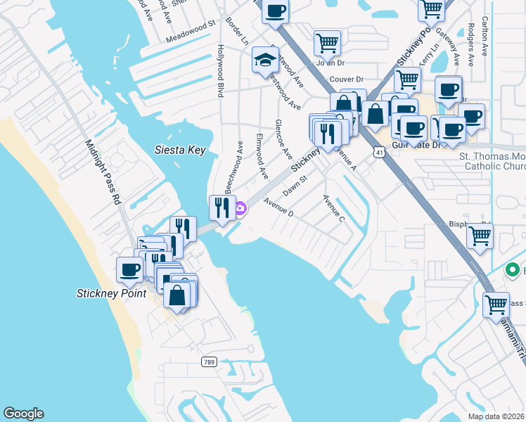 map of restaurants, bars, coffee shops, grocery stores, and more near 1614 Stickney Point Road in Sarasota