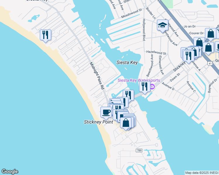 map of restaurants, bars, coffee shops, grocery stores, and more near 1257 South Portofino Drive in Siesta Key