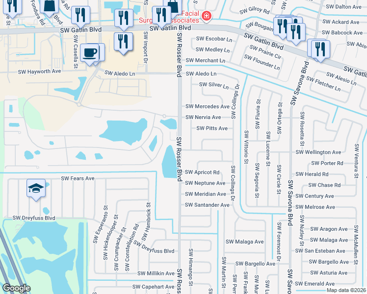 map of restaurants, bars, coffee shops, grocery stores, and more near 1698 Southwest Andalusia Road in Port St. Lucie
