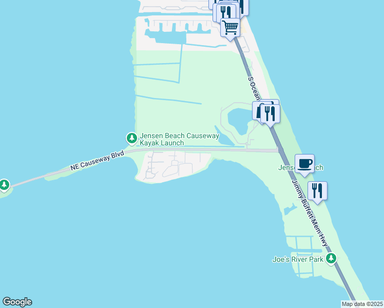 map of restaurants, bars, coffee shops, grocery stores, and more near 3442 Northeast Causeway Boulevard in Jensen Beach