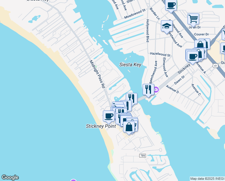 map of restaurants, bars, coffee shops, grocery stores, and more near 1257 South Portofino Drive in Siesta Key