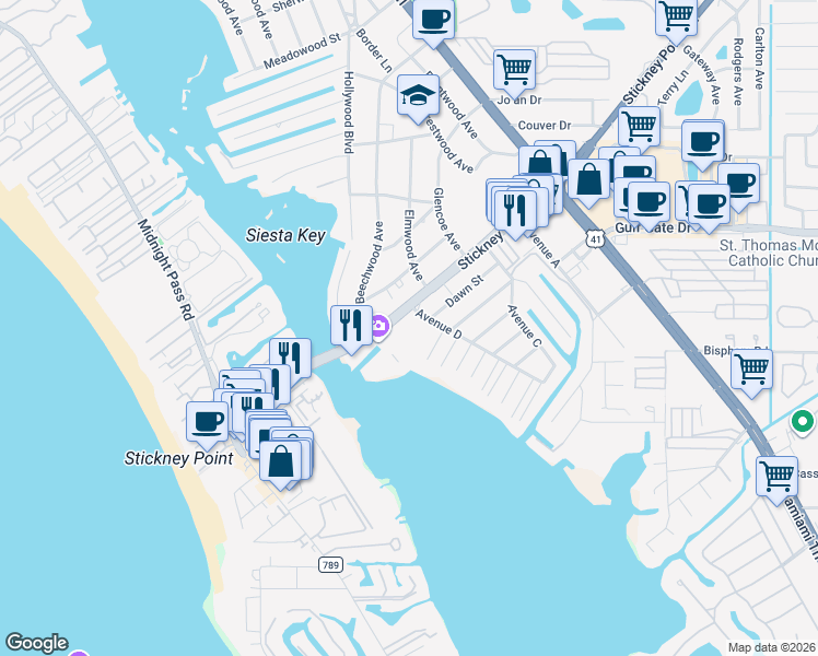 map of restaurants, bars, coffee shops, grocery stores, and more near 1640 Stickney Point Road in Sarasota