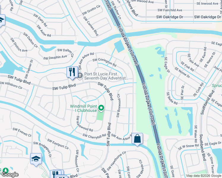 map of restaurants, bars, coffee shops, grocery stores, and more near 102 Southwest Dunham Court in Port St. Lucie