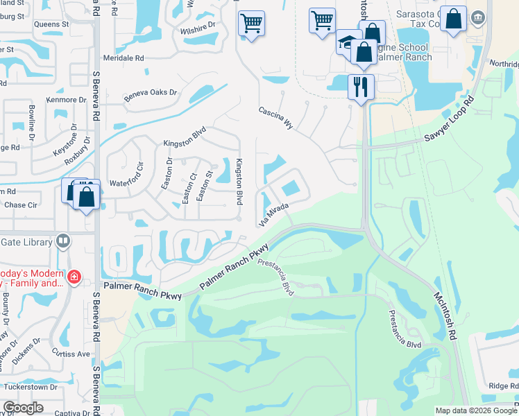 map of restaurants, bars, coffee shops, grocery stores, and more near 4030 Via Mirada in Sarasota