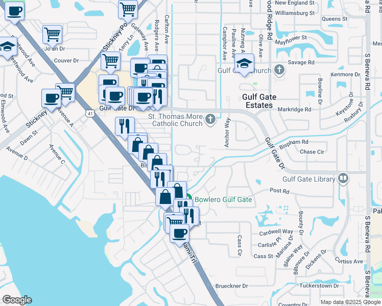 map of restaurants, bars, coffee shops, grocery stores, and more near 6950 Woodwind Drive in Sarasota