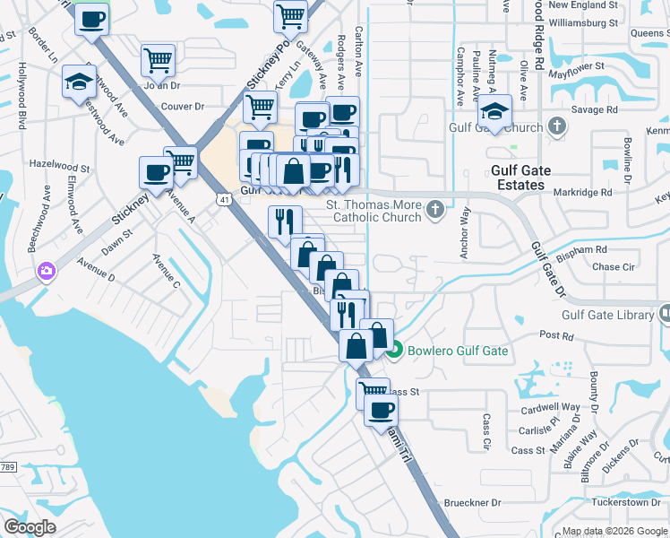 map of restaurants, bars, coffee shops, grocery stores, and more near 2227 Pueblo Lane in Sarasota