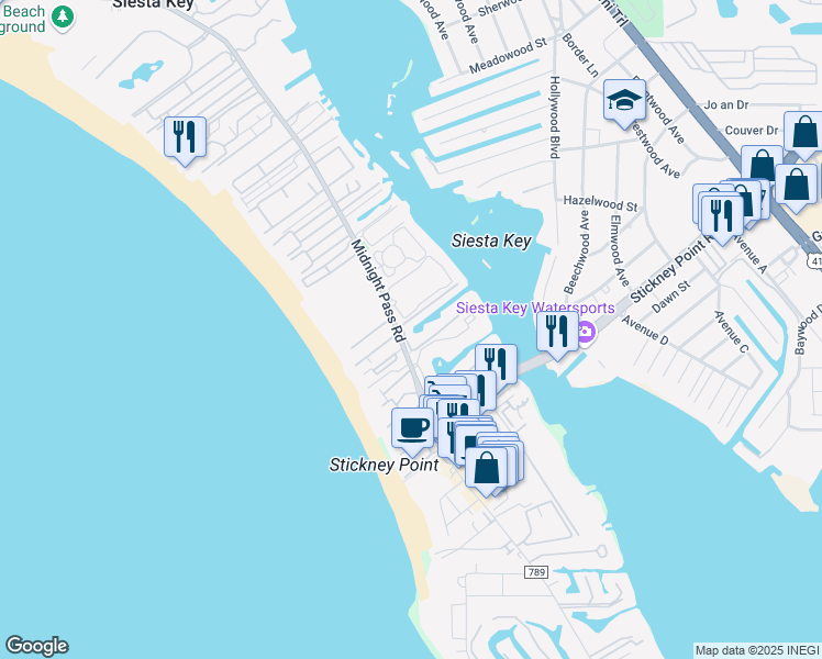 map of restaurants, bars, coffee shops, grocery stores, and more near 1257 South Portofino Drive in Siesta Key