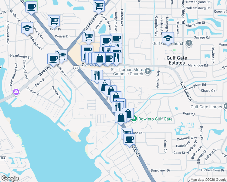 map of restaurants, bars, coffee shops, grocery stores, and more near 2227 Pueblo Lane in Sarasota