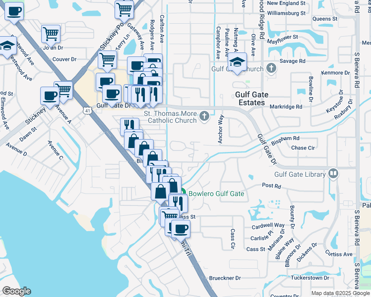 map of restaurants, bars, coffee shops, grocery stores, and more near 6950 Woodwind Drive in Sarasota