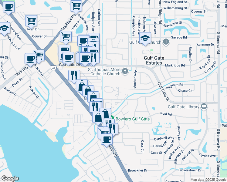 map of restaurants, bars, coffee shops, grocery stores, and more near 6950 Woodwind Drive in Sarasota