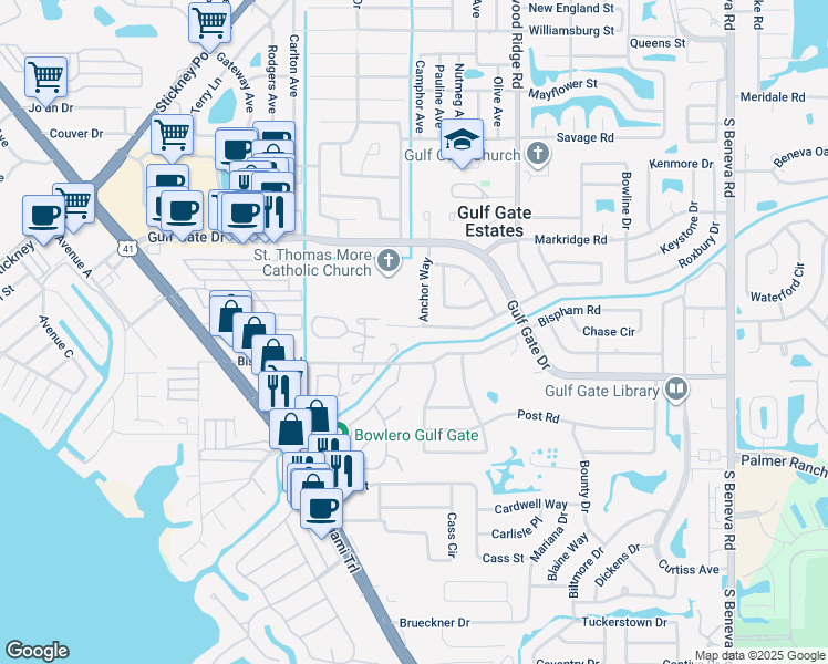 map of restaurants, bars, coffee shops, grocery stores, and more near 2604 Regatta Drive in Sarasota