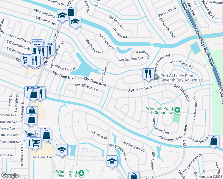 map of restaurants, bars, coffee shops, grocery stores, and more near 525 Southwest Cherryhill Road in Port St. Lucie