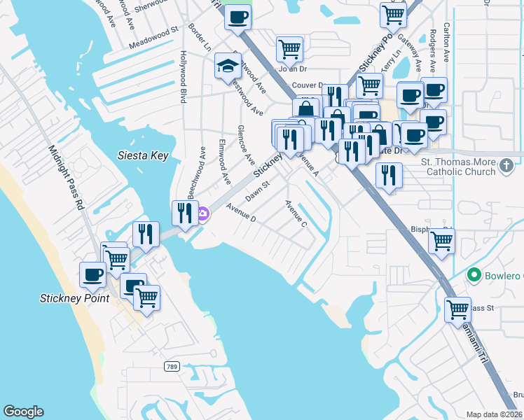 map of restaurants, bars, coffee shops, grocery stores, and more near 1712 Cheyenne Street in Sarasota