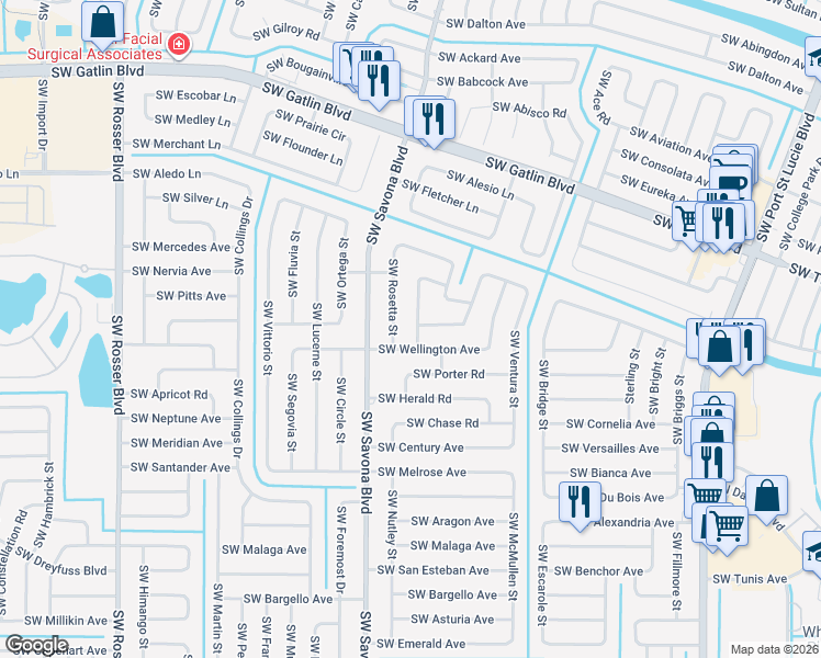 map of restaurants, bars, coffee shops, grocery stores, and more near 1291 Southwest Wellington Avenue in Port St. Lucie