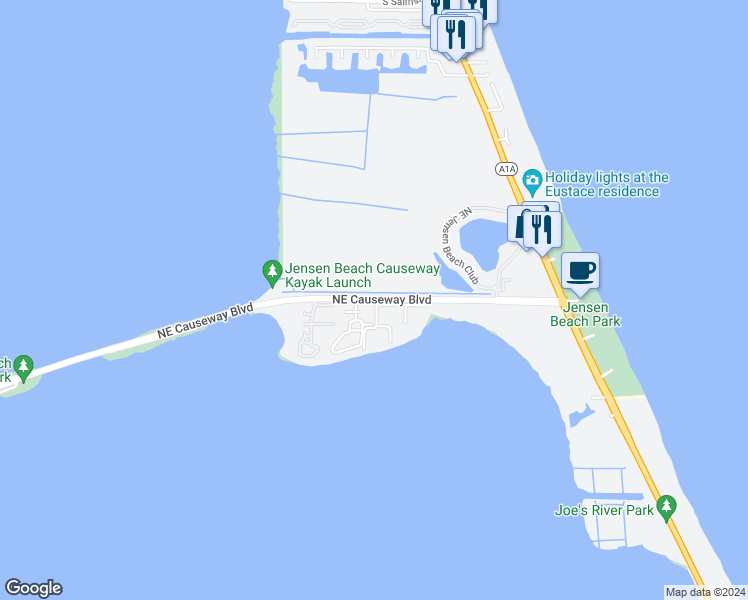 map of restaurants, bars, coffee shops, grocery stores, and more near 4139 Northeast Moon River Circle in Jensen Beach