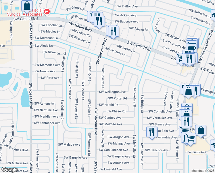 map of restaurants, bars, coffee shops, grocery stores, and more near 1291 Southwest Wellington Avenue in Port St. Lucie
